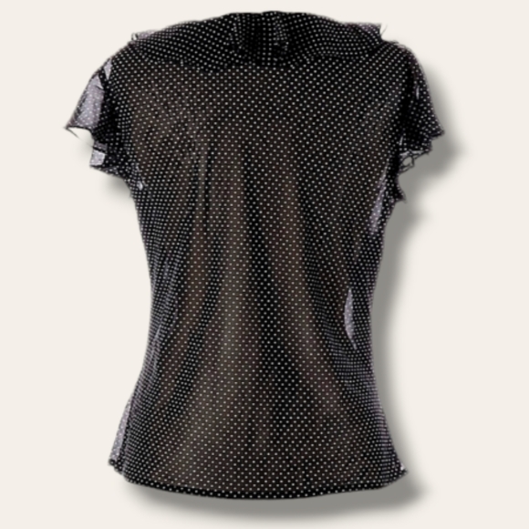 💼Chaps Office, Work Black & White Polkadot Sheer Top With Ruffled Trim - Picture 2 of 7